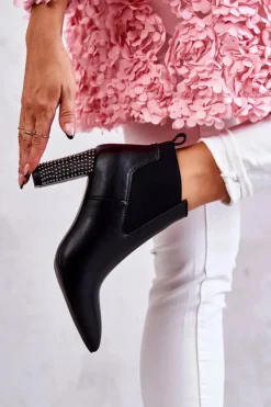 Eleganckie Botki Na Słupku Z Dżetami Czarne Elinor