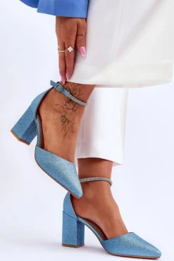 Eleganckie Błyszczące Czółenka Z Dżetami Niebieskie Magic