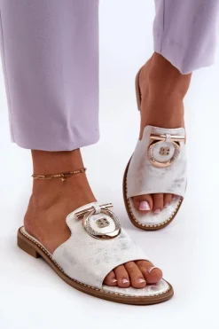 Eleganckie Błyszczące Klapki Damskie Z Ozdobą S.Barski KV27-032 Srebrne