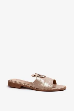 Eleganckie Błyszczące Klapki Damskie Z Ozdobą S.Barski KV27-032 Złote