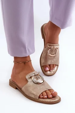 Eleganckie Błyszczące Klapki Damskie Z Ozdobą S.Barski KV27-032 Złote