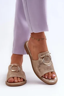 Eleganckie Błyszczące Klapki Damskie Z Ozdobą S.Barski KV27-032 Złote