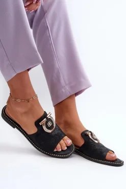 Eleganckie Błyszczące Klapki Damskie Z Ozdobą S.Barski KV27-032 Czarne