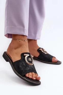 Eleganckie Błyszczące Klapki Damskie Z Ozdobą S.Barski KV27-032 Czarne