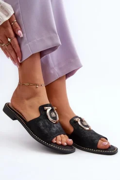 Eleganckie Błyszczące Klapki Damskie Z Ozdobą S.Barski KV27-032 Czarne