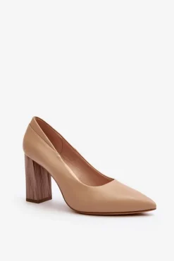 Eleganckie Czółenka Na Ozdobnym Słupku Sergio Leone PB217 Ciemnobeżowe