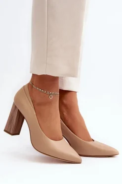 Eleganckie Czółenka Na Ozdobnym Słupku Sergio Leone PB217 Ciemnobeżowe