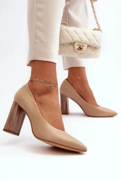 Eleganckie Czółenka Na Ozdobnym Słupku Sergio Leone PB217 Ciemnobeżowe