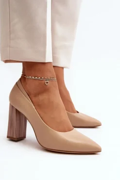 Eleganckie Czółenka Na Ozdobnym Słupku Sergio Leone PB217 Ciemnobeżowe