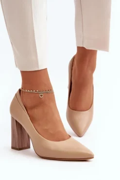 Eleganckie Czółenka Na Ozdobnym Słupku Sergio Leone PB217 Ciemnobeżowe