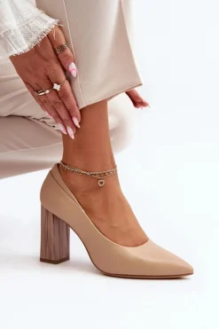 Eleganckie Czółenka Na Ozdobnym Słupku Sergio Leone PB217 Ciemnobeżowe