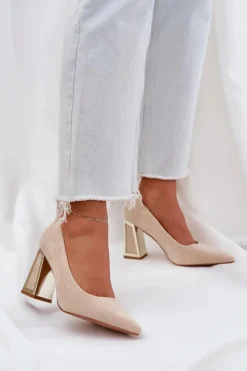 Eleganckie Czółenka Na Słupku Szpiczaste Noski Beżowe Falseki