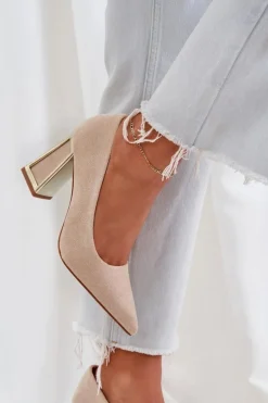 Eleganckie Czółenka Na Słupku Szpiczaste Noski Beżowe Falseki