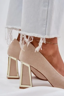 Eleganckie Czółenka Na Słupku Szpiczaste Noski Beżowe Falseki