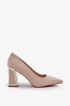 Eleganckie Czółenka Na Słupku Szpiczaste Noski Beżowe Falseki