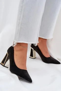 Eleganckie Czółenka Na Słupku Szpiczaste Noski Czarne Falseki