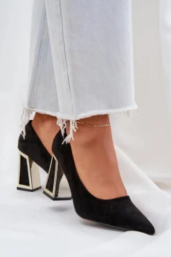 Eleganckie Czółenka Na Słupku Szpiczaste Noski Czarne Falseki