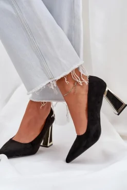 Eleganckie Czółenka Na Słupku Szpiczaste Noski Czarne Falseki