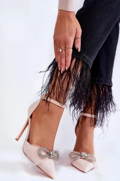 Eleganckie Czółenka Na Szpilce Z Kokardą Beżowe Hettie