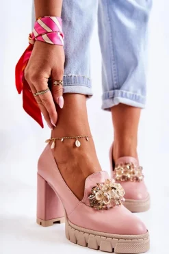 Eleganckie Czółenka Z Ozdobą Gładkie Różowo-Beżowe Caterine