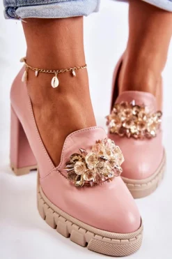 Eleganckie Czółenka Z Ozdobą Gładkie Różowo-Beżowe Caterine