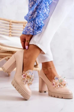 Eleganckie Czółenka Z Ozdobą Gładkie Beżowe Caterine