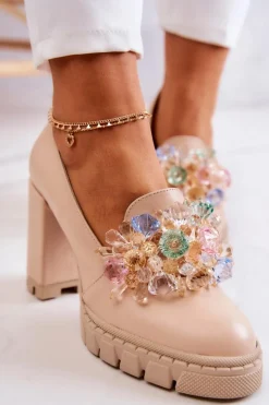 Eleganckie Czółenka Z Ozdobą Gładkie Beżowe Caterine