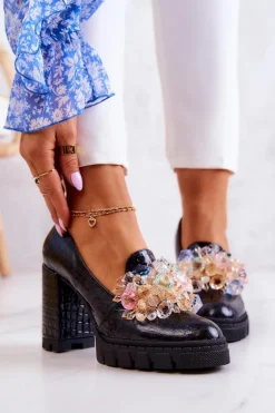 Eleganckie Czółenka Z Ozdobą Wężowe Czarne Caterine