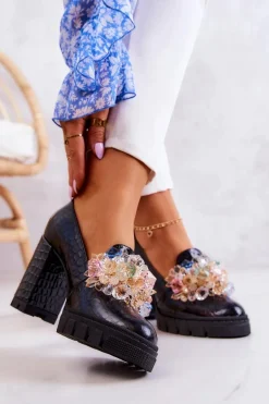 Eleganckie Czółenka Z Ozdobą Wężowe Czarne Caterine