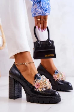 Eleganckie Czółenka Z Ozdobą Wężowe Czarne Caterine