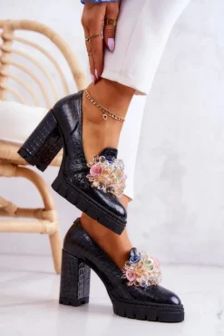 Eleganckie Czółenka Z Ozdobą Wężowe Czarne Caterine