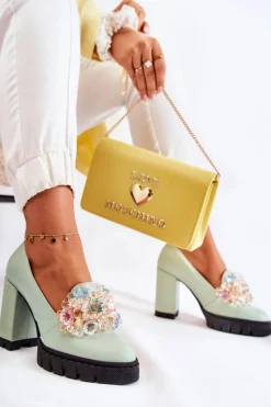 Eleganckie Czółenka Z Ozdobą Gładkie Zielone Caterine - Czarna Podeszwa