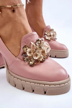 Eleganckie Czółenka Z Ozdobą Gładkie Różowe Caterine