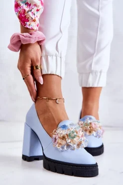 Eleganckie Czółenka Z Ozdobą Gładkie Niebieskie Caterine