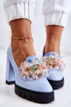 Eleganckie Czółenka Z Ozdobą Gładkie Niebieskie Caterine