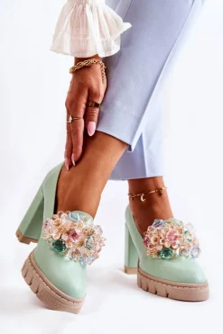 Eleganckie Czółenka Z Ozdobą Gładkie Zielone Caterine