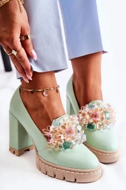 Eleganckie Czółenka Z Ozdobą Gładkie Zielone Caterine