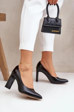 Eleganckie Czółenka Ze Skóry Naturalnej Na Słupku Lewski 2659/2043 Czarne