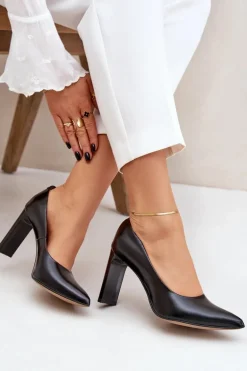 Eleganckie Czółenka Ze Skóry Naturalnej Na Słupku Lewski 2659/2043 Czarne