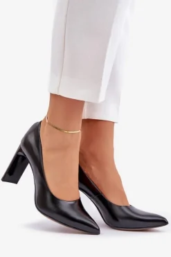 Eleganckie Czółenka Ze Skóry Naturalnej Na Słupku Lewski 2659/2043 Czarne