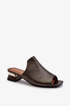 Eleganckie Klapki Damskie Ze Skóry Naturalnej Na Niskim Obcasie Maciejka 06360-20 Grafitowe