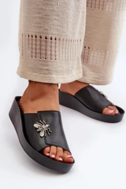 Eleganckie Klapki Damskie Z Ozdobą Skóra Naturalna S.Barski KV27-015 Czarne