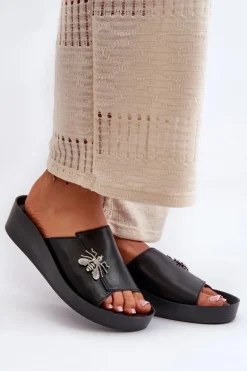 Eleganckie Klapki Damskie Z Ozdobą Skóra Naturalna S.Barski KV27-015 Czarne