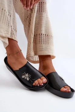 Eleganckie Klapki Damskie Z Ozdobą Skóra Naturalna S.Barski KV27-015 Czarne