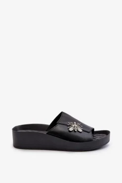 Eleganckie Klapki Damskie Z Ozdobą Skóra Naturalna S.Barski KV27-015 Czarne