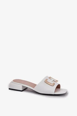 Eleganckie Klapki Damskie Na Klocku Ze Złotym Detalem Vinceza 62229 Białe