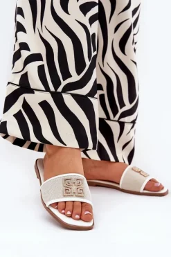 Eleganckie Klapki Damskie Z Ozdobą Na Płaskim Obcasie Białe Lovehia