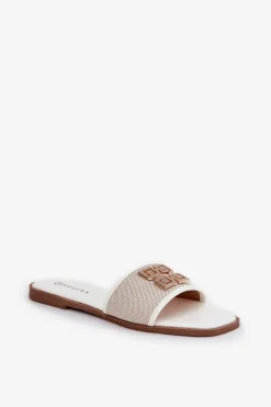 Eleganckie Klapki Damskie Z Ozdobą Na Płaskim Obcasie Białe Lovehia