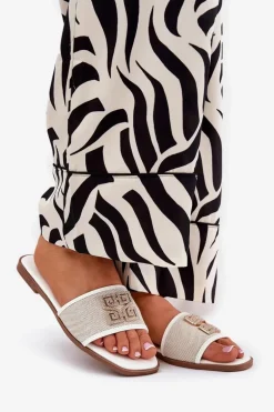 Eleganckie Klapki Damskie Z Ozdobą Na Płaskim Obcasie Białe Lovehia