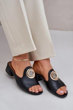 Eleganckie Klapki Damskie Na Niskim Obcasie Z Ozdobą Czarne Feledis